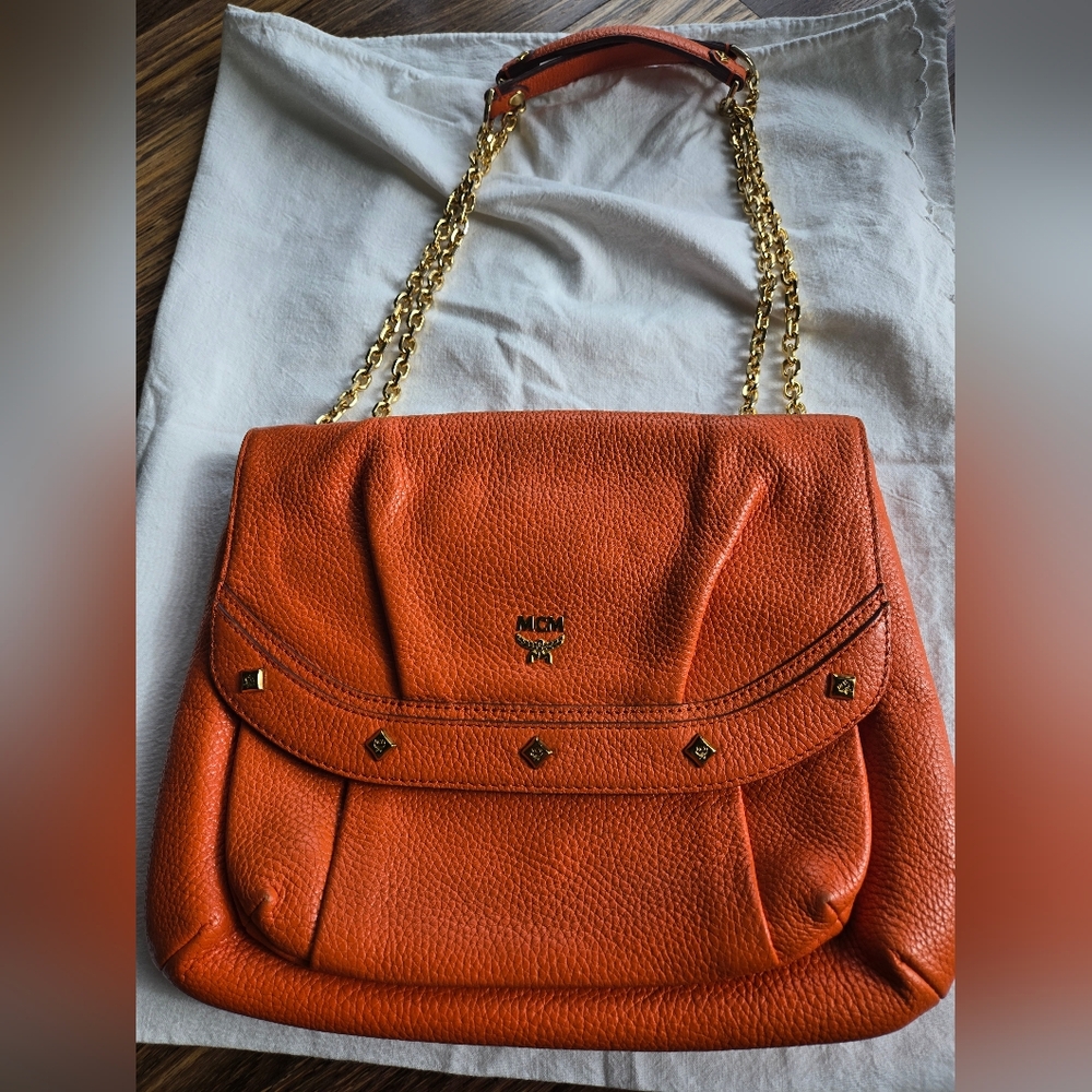 MCM Vibrant Orange Shoulder Bag with Gold Chain